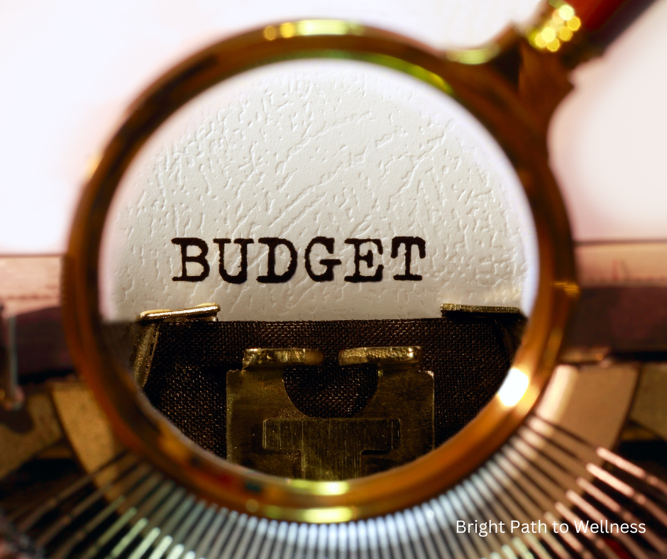 An old typewriter, zoomed in, showing the word budget written on the paper.