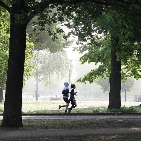 Two people running in a park
