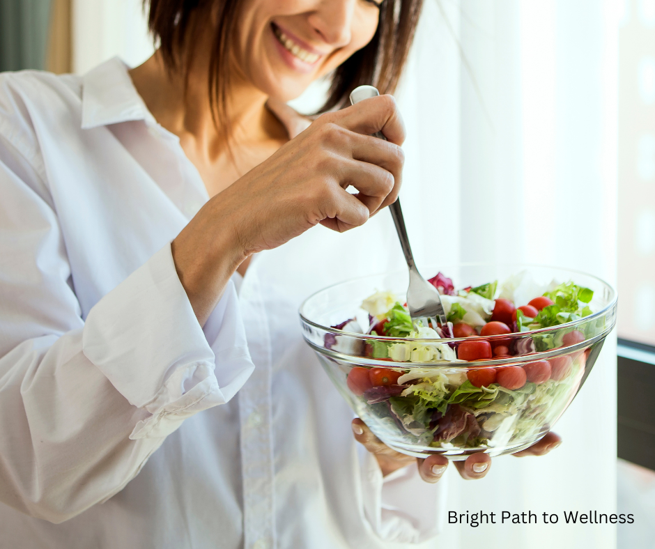 A balanced plate of whole foods supporting healthy digestion and intuitive eating habits.