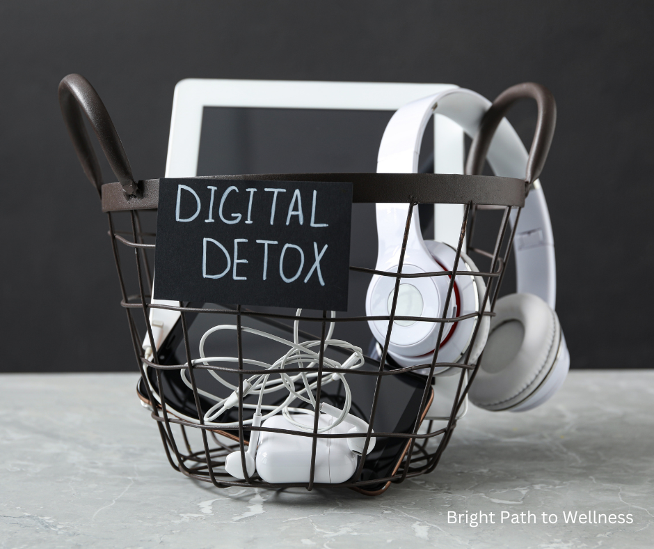 Digital detox basket with cell phone, iPad, cables