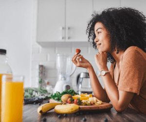 A woman taking a break and enjoying her food