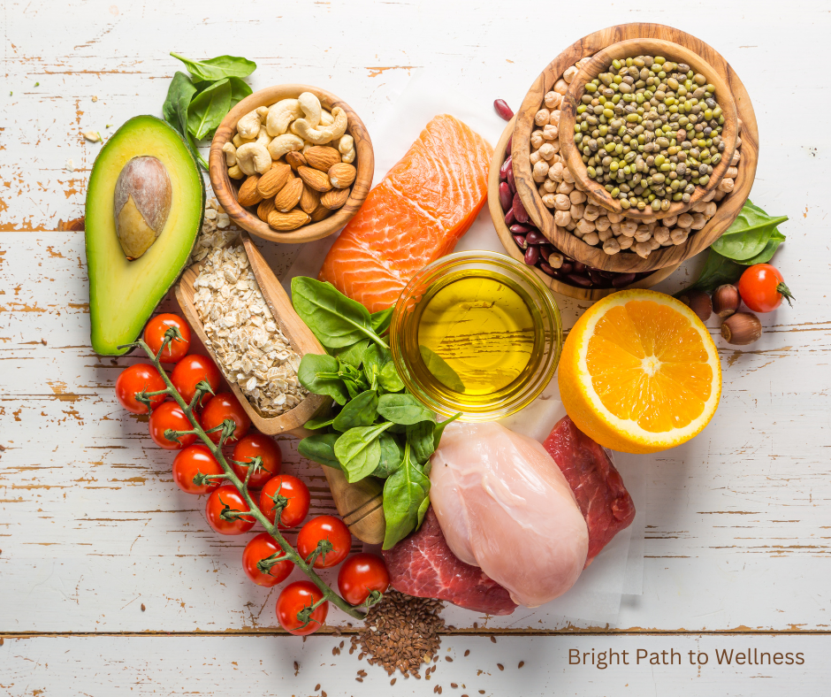Fruits, vegetables, whole foods and nuts forming a heart on the table.