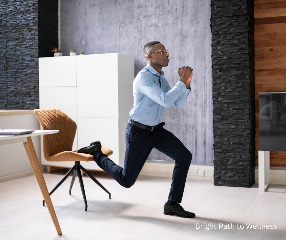 A man doing squats in the office between meetings, staying active even with a busy schedule.